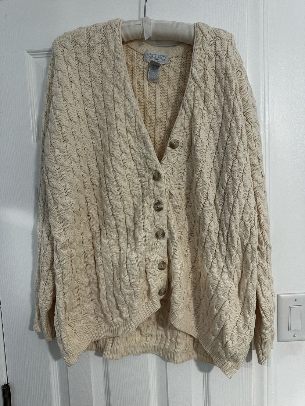 Lands' End Cream Cable-Knit Button Cardigan 100% Cotton